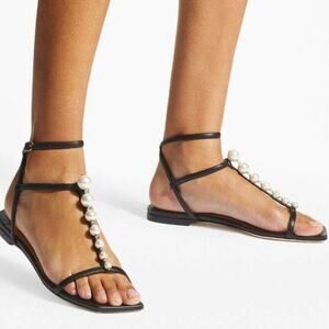Jimmy Choo Amari Black Leather Pearl Ankle Wrap Sandals EU 36.5 NEW